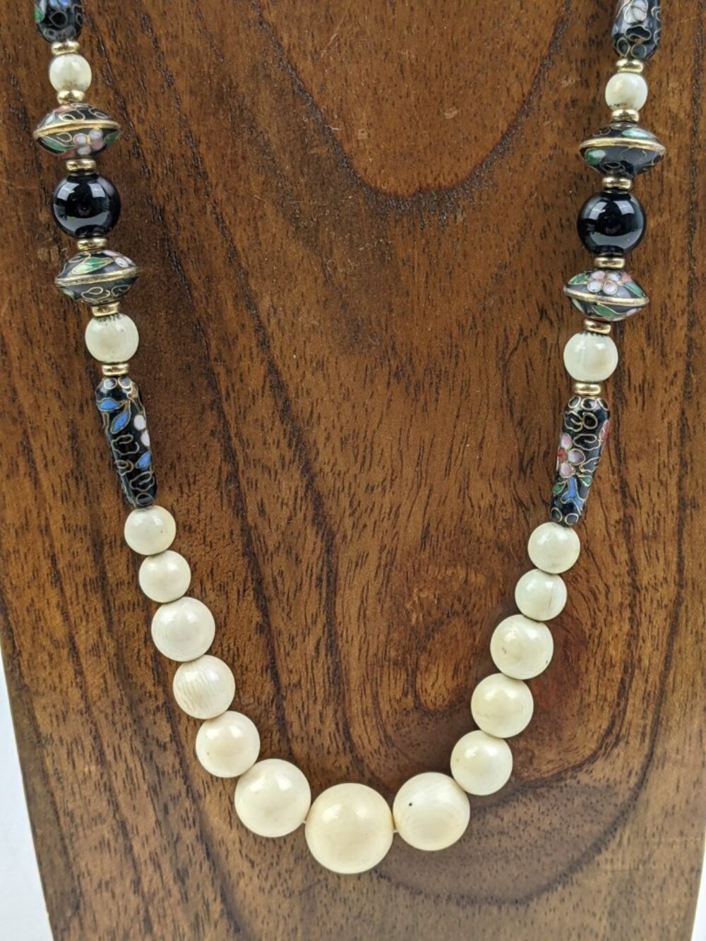 14K Gold & Hand Enameled Cloisonne Statement Necklace Tagua Nut Beads